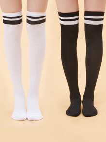 2 pares de medias largas asimétricas con doble barra, estilo Lolita JK simple para mujer, calcetines cómodos - Blanco y Negro - Ver 1