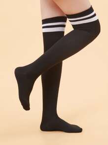 2 pares de medias largas asimétricas con doble barra, estilo Lolita JK simple para mujer, calcetines cómodos - Blanco y Negro - Ver 2