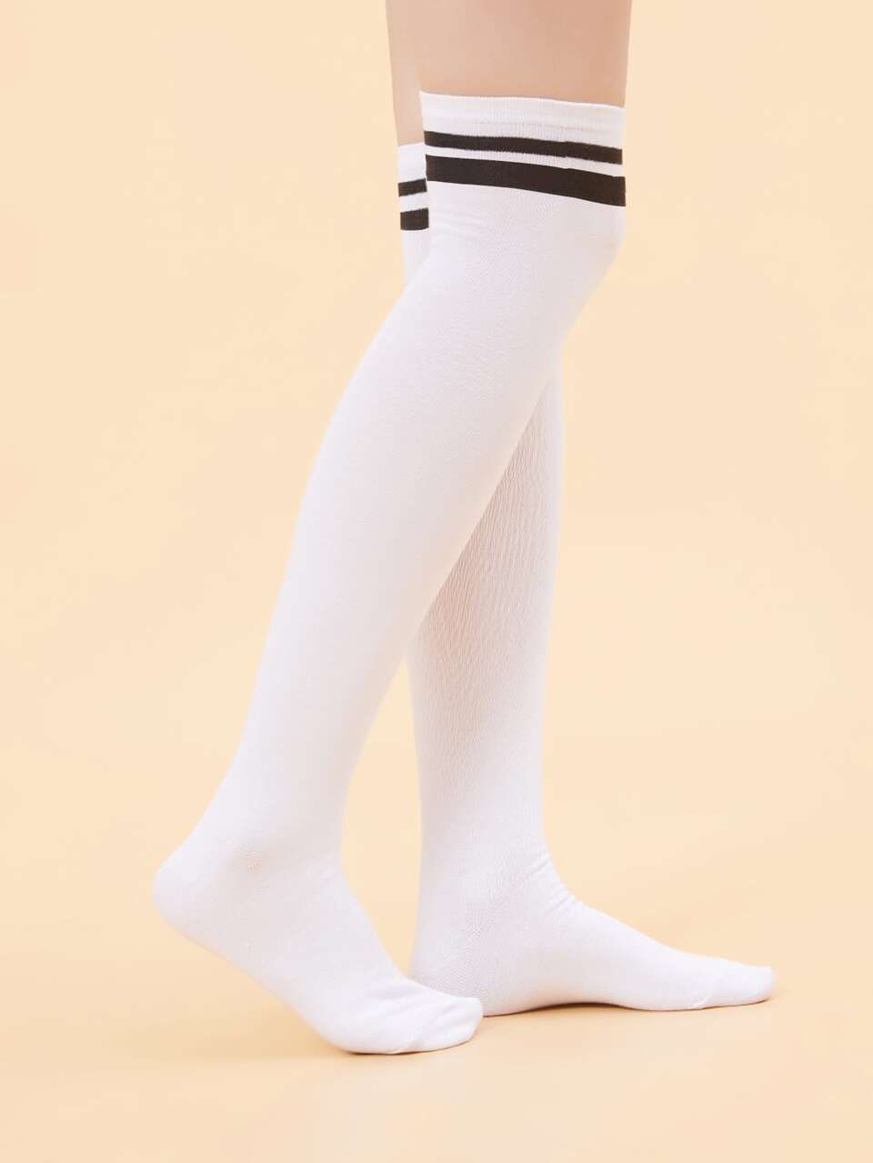 2 Pairs Of Women's Asymmetrical Double Bar Simple JK Lolita Style Over The Knee Stockings, Cozy Socks
