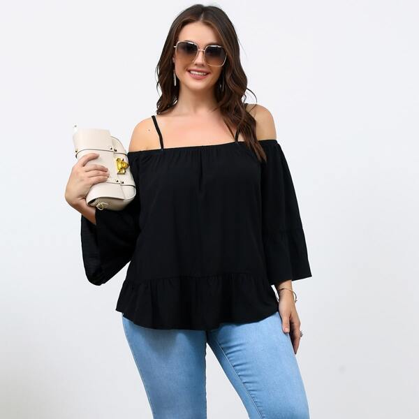 

Plus Solid Cold Shoulder Blouse, Black