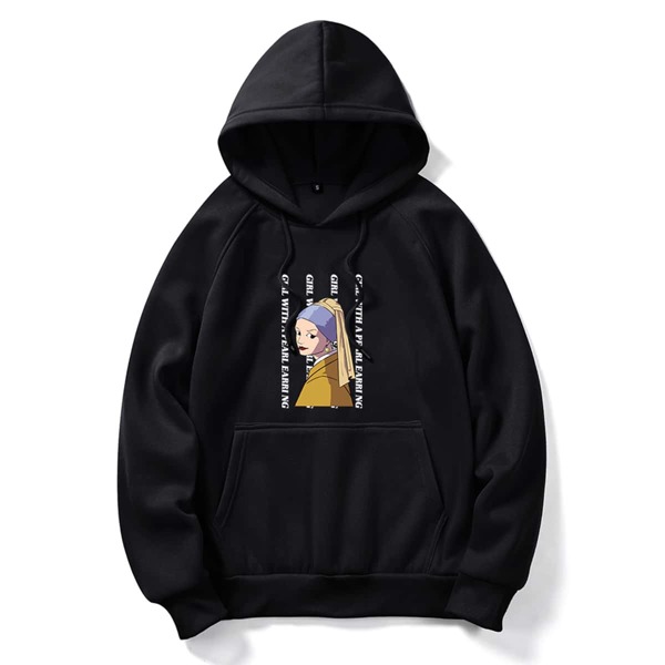 

Guys Figure & Slogan Graphic Kangaroo Pocket Drawstring Hoodie, Black