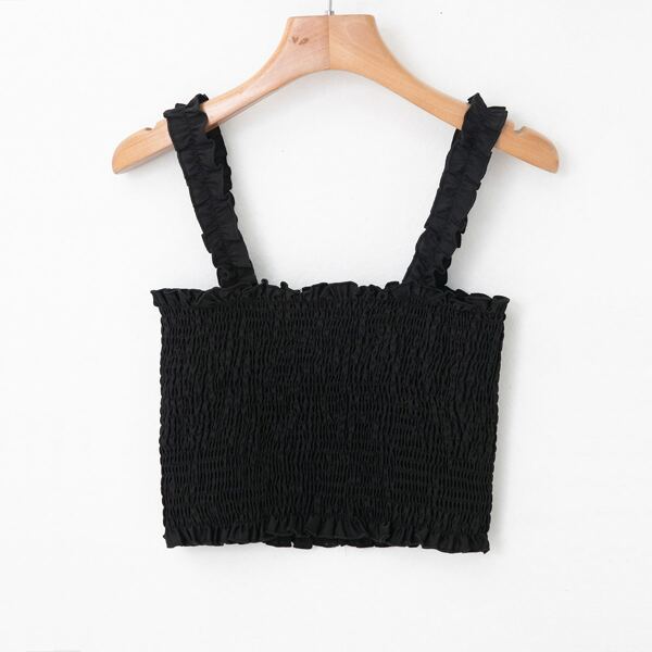 

Frill Shoulder Straps Shirred Top, Black