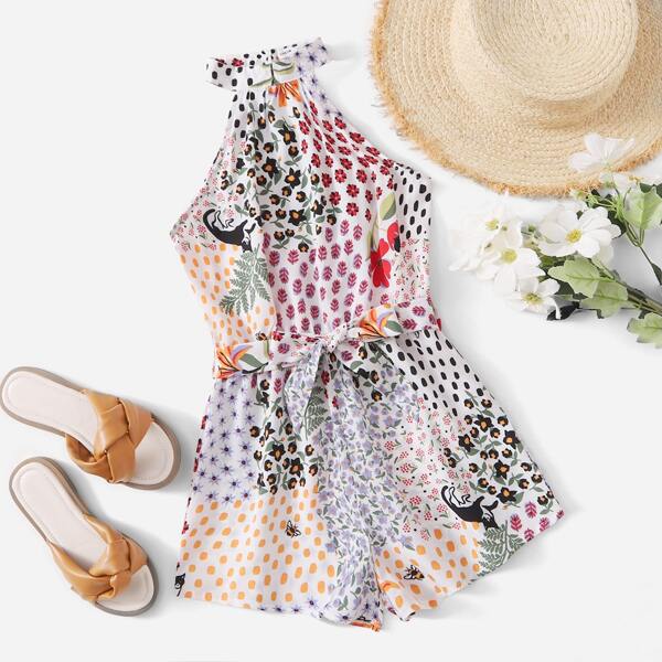 

Girls Floral Print Zip Back Romper, Multicolor