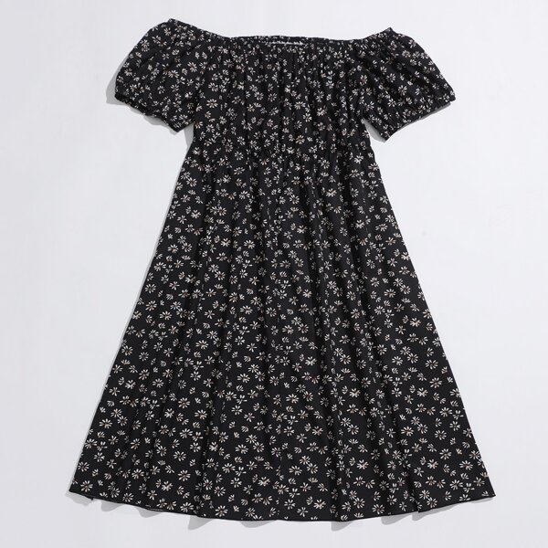 

Plus Ditsy Floral Print Off Shoulder A-line Dress, Black