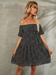 Vestido De Flores Con Hombro Descubierto, Busto Fruncido Y Mangas Acampanadas - Multicolor - Ver 7