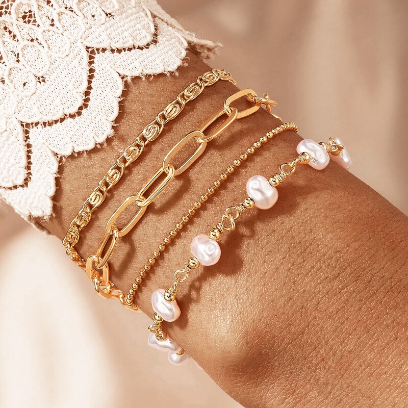 

4pcs Faux Pearl Chain Bracelet, Gold