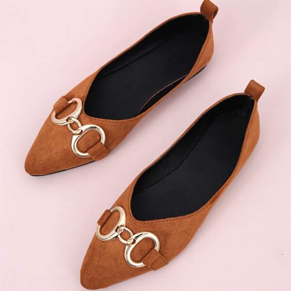 

Horsebit Decor Point Toe Ballet Flats, Brown