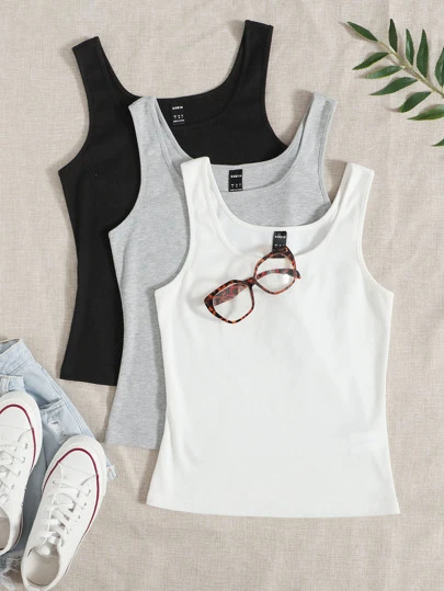 SHEIN EZwear 夏季三件装罗纹针织修身打底背心