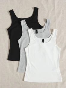 SHEIN EZwear 夏季三件装罗纹针织修身打底背心 - 彩色 - 查看 5