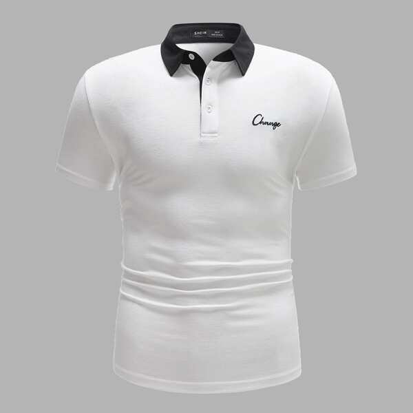 

Men Letter Embroidery Polo Shirt, White