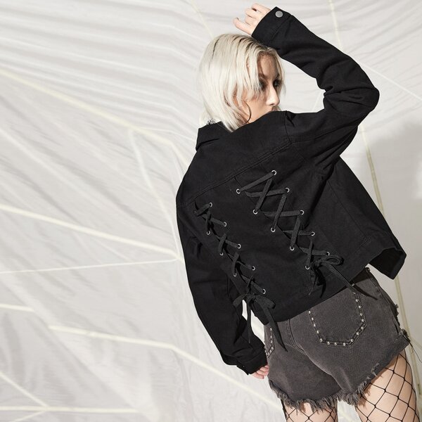 

Lace Up Back Button Front Denim Jacket, Black