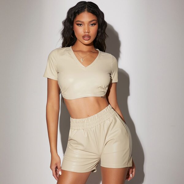 

Vegan Leather Self-Tie Open-Back Crop Top And Shorts Set, Beige