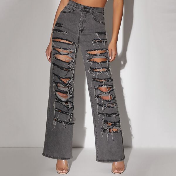 

Distressed Frayed High-Rise Wide Leg Jeans, Grey