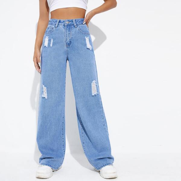 

Letter Patch Ripped Wide Leg Jeans, Light wash