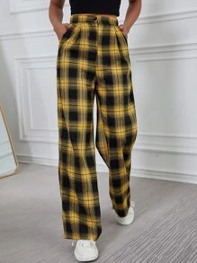 SHEIN Unity 格紋寬腿褲子 - 黃色 - 查看 1