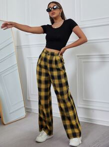SHEIN Unity 格紋寬腿褲子 - 黃色 - 查看 5