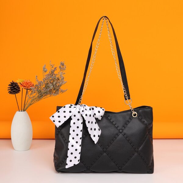 

Scarf Decor Quilted Shoulder Tote Bag, Black