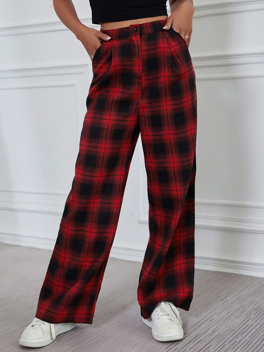 SHEIN Unity 格紋寬腿褲子 - 紅色 - 查看 1
