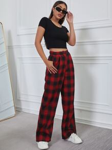 SHEIN Unity 格紋寬腿褲子 - 紅色 - 查看 3