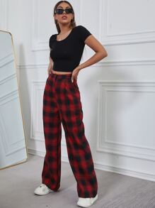 SHEIN Unity 格紋寬腿褲子 - 紅色 - 查看 4