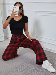 SHEIN Unity 格紋寬腿褲子 - 紅色 - 查看 5