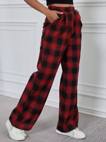 SHEIN Unity 格紋寬腿褲子 - 紅色 - 查看 6