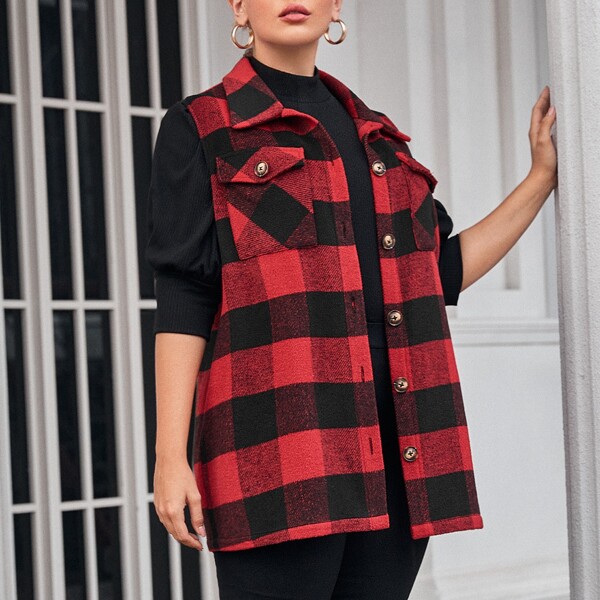 

Plus Gingham Print Flap Pocket Vest Coat, Multicolor