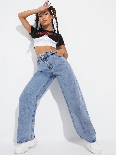 SHEIN ICON 階梯式腰闊腿牛仔褲