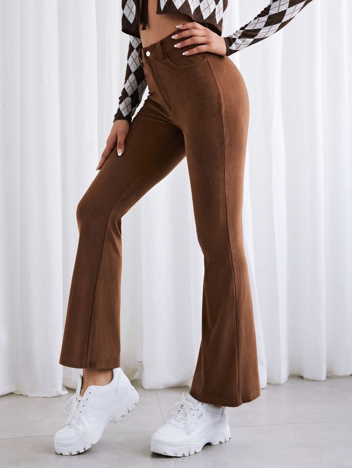 Corduroy Slant Pockets Flare Leg Pants