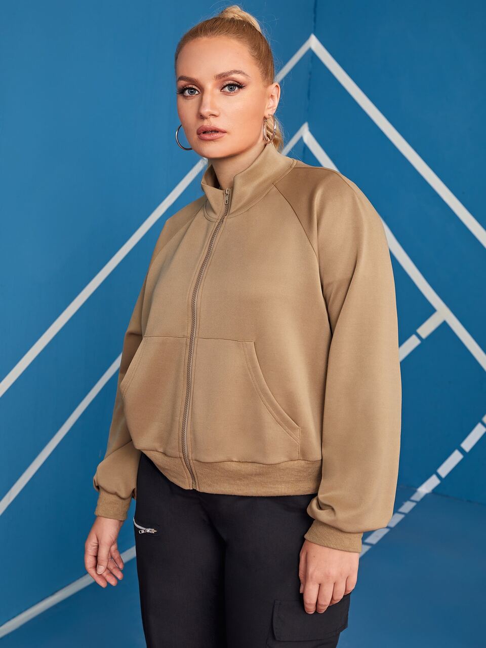 Plus Zipper Pocket Front Mock Neck Jacket