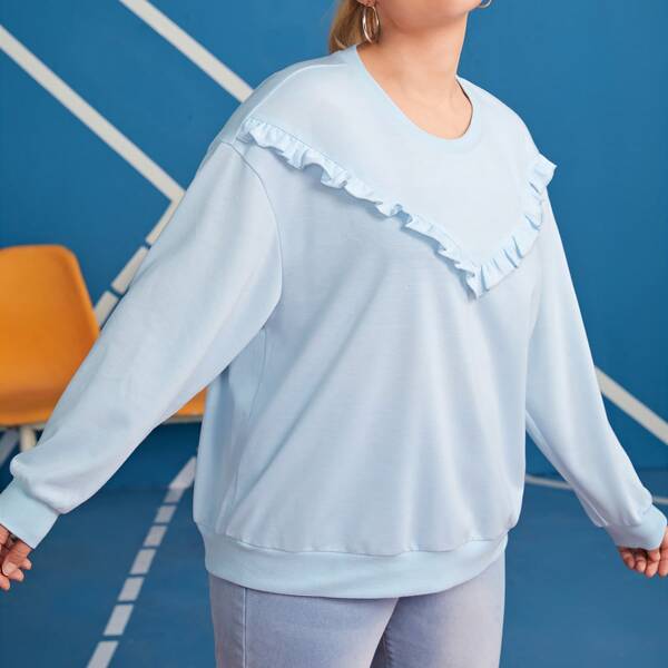 

Plus Drop Shoulder Frill Trim Sweatshirt, Baby blue