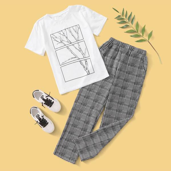 

Boys Branches Print Tee & Houndstooth Pants Set, Black and white