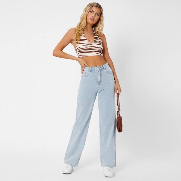 

Solid Straight Leg Jeans, Light wash