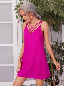 SHEIN Clasi Criss Cross Front V-back Dress - Hot Pink - View 1
