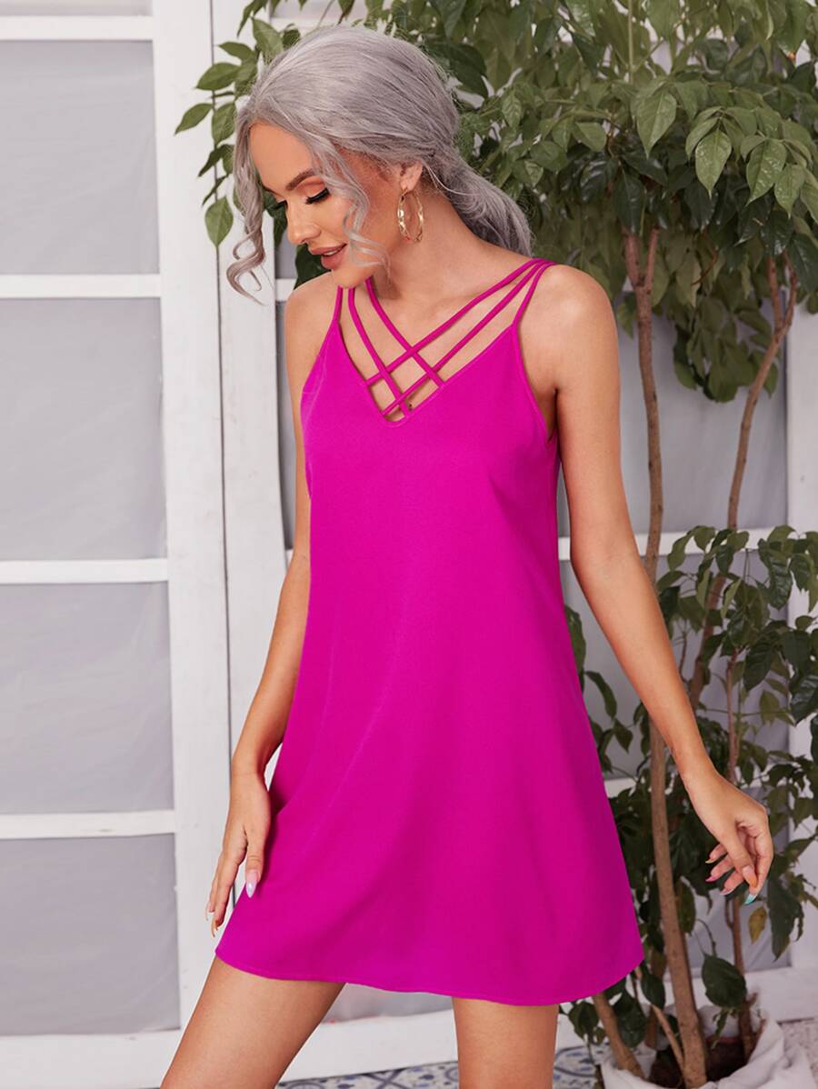 SHEIN Clasi Criss Cross Front V-back Dress - Hot Pink - View 1