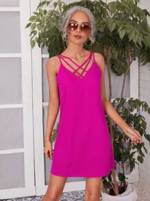 SHEIN Clasi Criss Cross Front V-back Dress - Hot Pink - View 3
