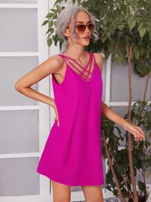 SHEIN Clasi Criss Cross Front V-back Dress - Hot Pink - View 5