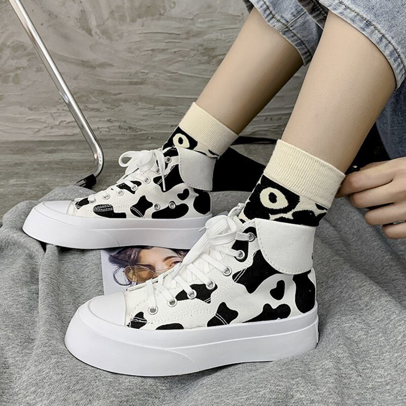 

Lace-up Front Cow Print Canvas Shoes, Black and white