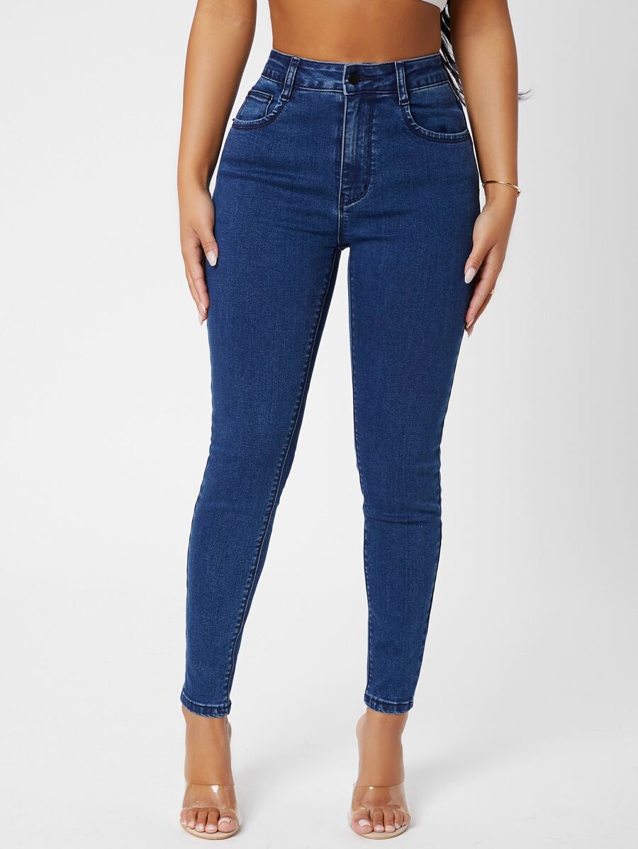 SHEIN PETITE Jeans ajustados de talle alto unicolor - Azul lavado medio - Ver 1