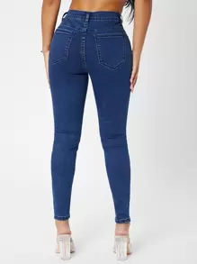 SHEIN PETITE Jeans ajustados de talle alto unicolor - Azul lavado medio - Ver 2