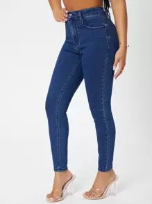 SHEIN PETITE Jeans ajustados de talle alto unicolor - Azul lavado medio - Ver 3