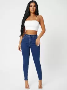 SHEIN PETITE Jeans ajustados de talle alto unicolor - Azul lavado medio - Ver 4
