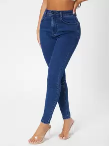 SHEIN PETITE Jeans ajustados de talle alto unicolor - Azul lavado medio - Ver 5