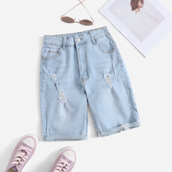 

High Waist Ripped Roll Hem Denim Shorts, Light wash