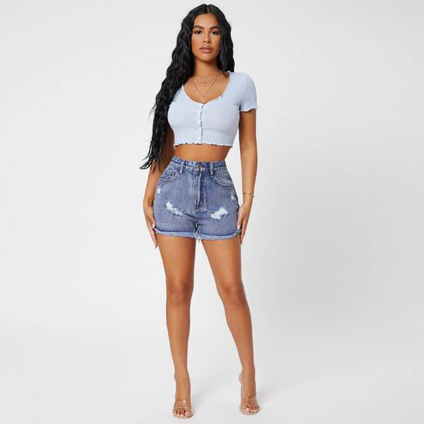

Ripped Raw Hem Denim Shorts, Medium wash