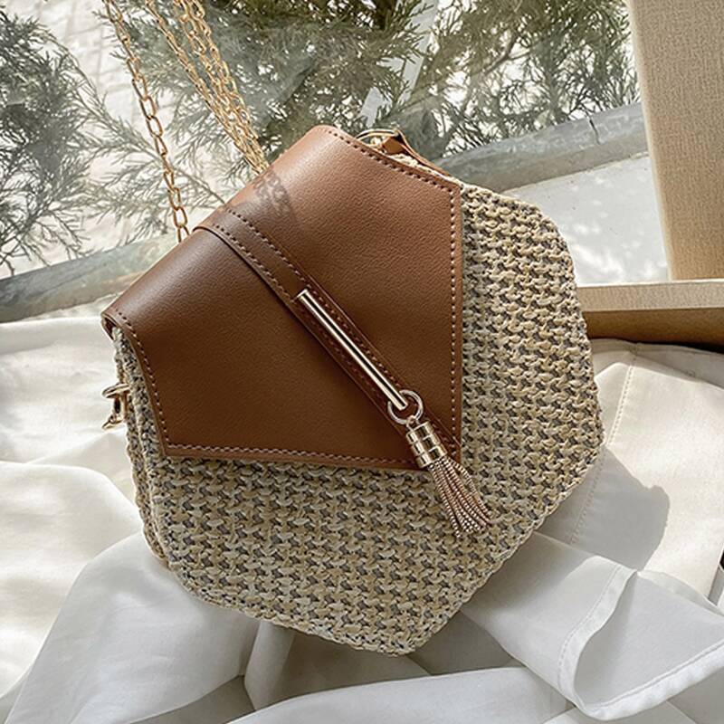 

Metal Tassel Charm Woven Chain Bag, Khaki