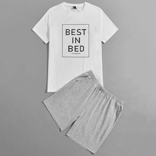 

Men Geo And Slogan Graphic Tee & Shorts Lounge Set, Multicolor