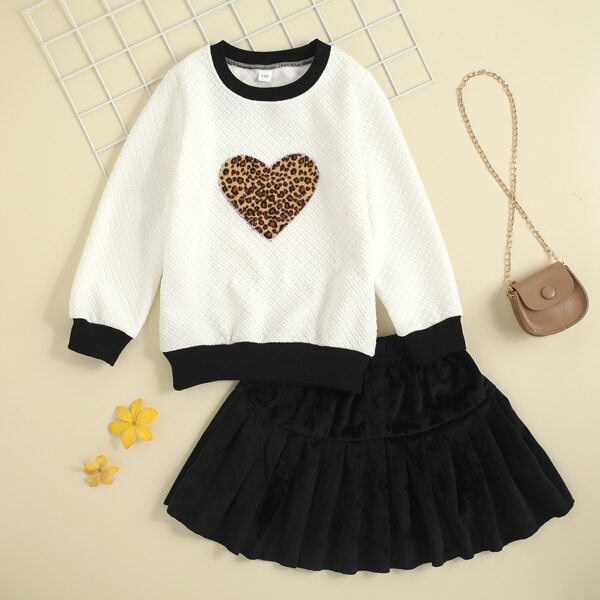 

Girls Leopard Heart Print Pullover & Skirt, Multicolor