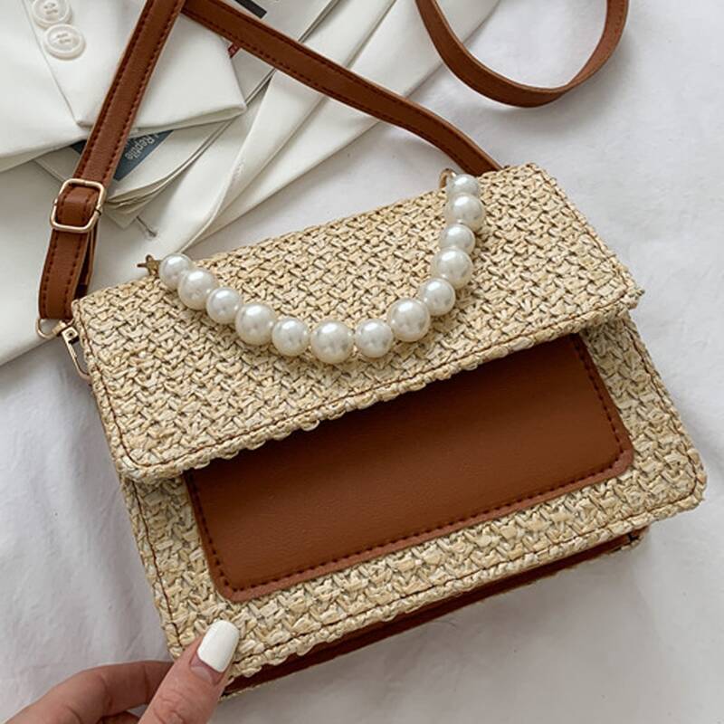 

Faux Pearl Handle Satchel Bag, Brown