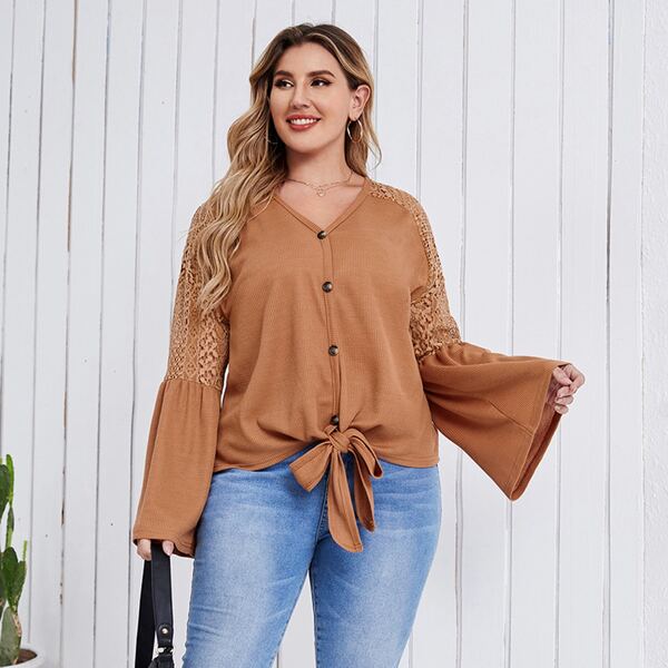 

Plus Solid Contrast Lace Knot Hem Top, Khaki
